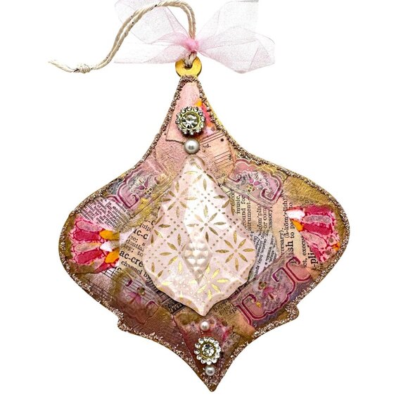 Handcrafted OOAK Collage Ornament Gold Pink Accents Pearl Rhinestone - Picture 1 of 8